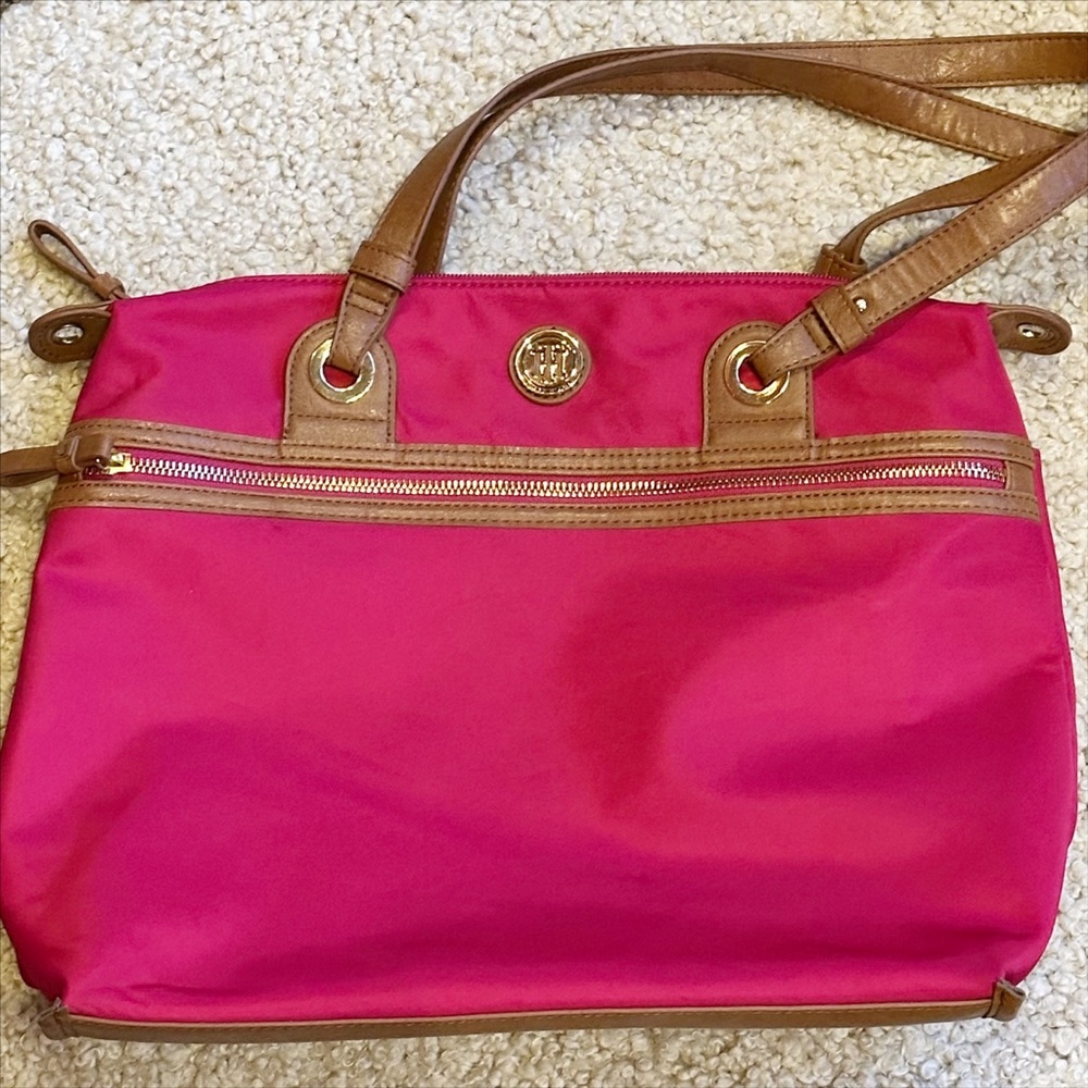 Tommy Hilfiger Fuchsia Tote Shoulder Bag with Tan Straps